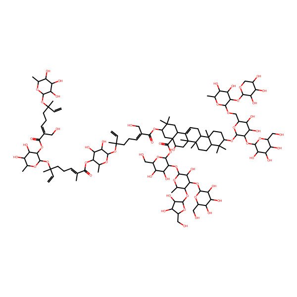2D Structure of [3-[5-[3,4-Dihydroxy-5-(hydroxymethyl)oxolan-2-yl]oxy-3-hydroxy-6-methyl-4-[3,4,5-trihydroxy-6-(hydroxymethyl)oxan-2-yl]oxyoxan-2-yl]oxy-4,5-dihydroxy-6-(hydroxymethyl)oxan-2-yl] 3-[6-[5-[6-[4,5-dihydroxy-3-[2-(hydroxymethyl)-6-methyl-6-(3,4,5-trihydroxy-6-methyloxan-2-yl)oxyocta-2,7-dienoyl]oxy-6-methyloxan-2-yl]oxy-2,6-dimethylocta-2,7-dienoyl]oxy-3,4-dihydroxy-6-methyloxan-2-yl]oxy-2-(hydroxymethyl)-6-methylocta-2,7-dienoyl]oxy-10-[6-[[4,5-dihydroxy-6-methyl-3-(3,4,5-trihydroxyoxan-2-yl)oxyoxan-2-yl]oxymethyl]-4,5-dihydroxy-3-[3,4,5-trihydroxy-6-(hydroxymethyl)oxan-2-yl]oxyoxan-2-yl]oxy-5-hydroxy-2,2,6a,6b,9,9,12a-heptamethyl-1,3,4,5,6,6a,7,8,8a,10,11,12,13,14b-tetradecahydropicene-4a-carboxylate