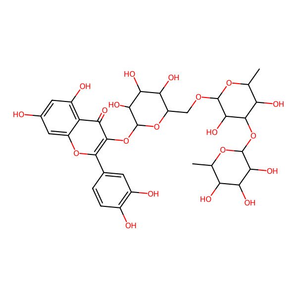 2D Structure of 3-[(2S,3R,4S,5S,6R)-6-[[(2R,3R,4R,5S,6S)-3,5-dihydroxy-6-methyl-4-[(2S,3R,4R,5R,6S)-3,4,5-trihydroxy-6-methyloxan-2-yl]oxyoxan-2-yl]oxymethyl]-3,4,5-trihydroxyoxan-2-yl]oxy-2-(3,4-dihydroxyphenyl)-5,7-dihydroxychromen-4-one
