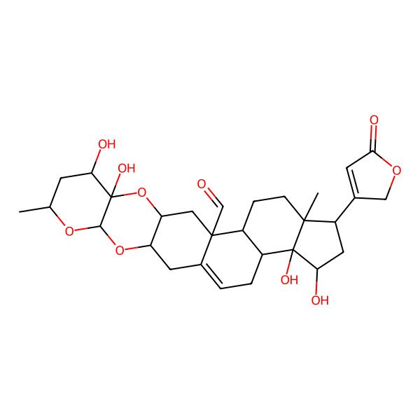2D Structure of (3R,5S,7R,9S,10S,12R,14S,15S,18R,19R,21R,22S,23R)-9,10,21,22-tetrahydroxy-7,18-dimethyl-19-(5-oxo-2H-furan-3-yl)-4,6,11-trioxahexacyclo[12.11.0.03,12.05,10.015,23.018,22]pentacos-1(25)-ene-14-carbaldehyde