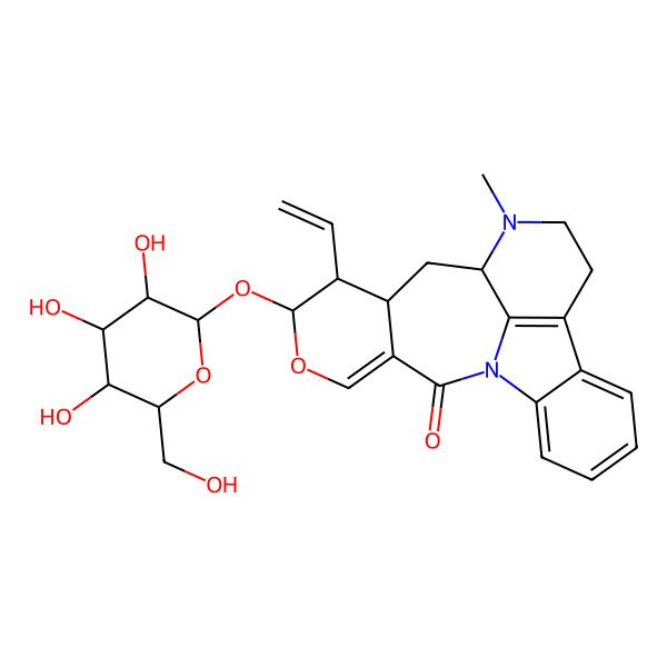 2D Structure of (12R,14S,15R,16S)-15-ethenyl-11-methyl-16-[(2S,3R,4S,5S,6R)-3,4,5-trihydroxy-6-(hydroxymethyl)oxan-2-yl]oxy-17-oxa-1,11-diazapentacyclo[10.8.1.02,7.08,21.014,19]henicosa-2,4,6,8(21),18-pentaen-20-one