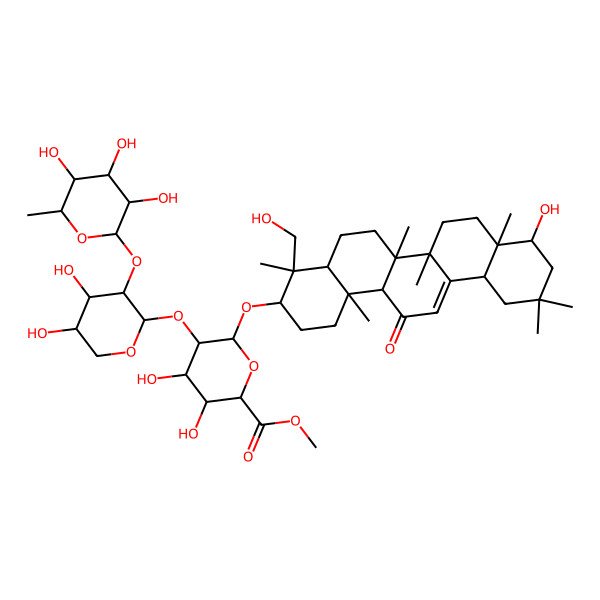 2D Structure of methyl 5-[4,5-dihydroxy-3-(3,4,5-trihydroxy-6-methyloxan-2-yl)oxyoxan-2-yl]oxy-3,4-dihydroxy-6-[[9-hydroxy-4-(hydroxymethyl)-4,6a,6b,8a,11,11,14b-heptamethyl-14-oxo-2,3,4a,5,6,7,8,9,10,12,12a,14a-dodecahydro-1H-picen-3-yl]oxy]oxane-2-carboxylate