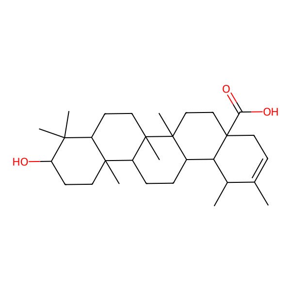 2D Structure of 10-hydroxy-1,2,6a,6b,9,9,12a-heptamethyl-4,5,6,6a,7,8,8a,10,11,12,13,14,14a,14b-tetradecahydro-1H-picene-4a-carboxylic acid