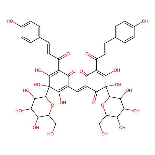 2D Structure of (2Z,6S)-5,6-dihydroxy-4-[(E)-3-(4-hydroxyphenyl)prop-2-enoyl]-6-[(2R,3R,4S,5S,6R)-3,4,5-trihydroxy-6-(hydroxymethyl)oxan-2-yl]-2-[[2,3,4-trihydroxy-5-[(E)-3-(4-hydroxyphenyl)prop-2-enoyl]-6-oxo-3-[(2R,3R,4S,5S,6R)-3,4,5-trihydroxy-6-(hydroxymethyl)oxan-2-yl]cyclohexa-1,4-dien-1-yl]methylidene]cyclohex-4-ene-1,3-dione