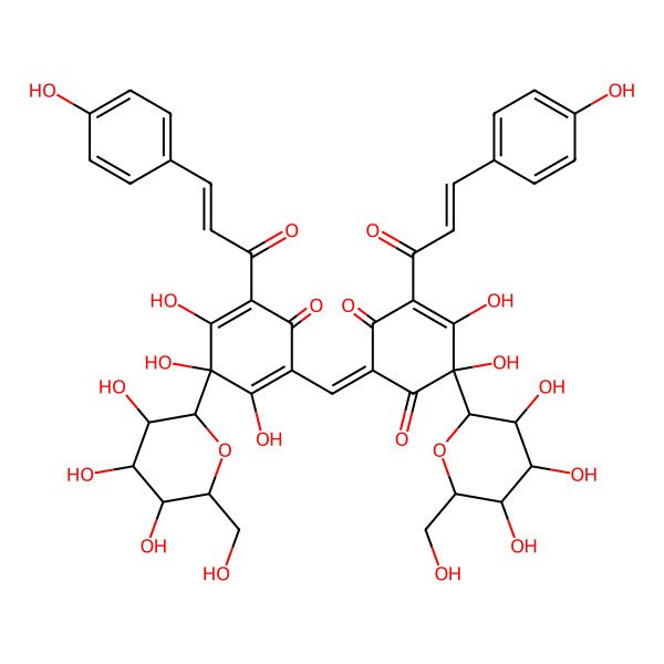 2D Structure of (2Z,6S)-5,6-dihydroxy-4-[(E)-3-(4-hydroxyphenyl)prop-2-enoyl]-6-[(2R,3R,4S,5S,6R)-3,4,5-trihydroxy-6-(hydroxymethyl)oxan-2-yl]-2-[[2,3,4-trihydroxy-5-[(E)-3-(4-hydroxyphenyl)prop-2-enoyl]-6-oxo-3-[(2R,3R,4S,5S,6R)-3,4,5-trihydroxy-6-(hydroxymethyl)oxan-2-yl]cyclohexa-1,4-dien-1-yl]methylidene]cyclohex-4-ene-1,3-dione