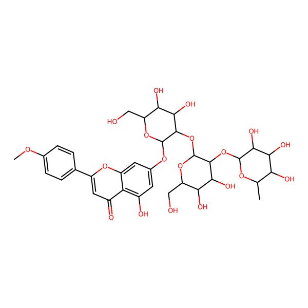 2D Structure of 7-[(2S,3R,4S,5S,6R)-3-[(2S,3R,4S,5S,6S)-4,5-dihydroxy-6-(hydroxymethyl)-3-[(2S,3S,4R,5R,6R)-3,4,5-trihydroxy-6-methyloxan-2-yl]oxyoxan-2-yl]oxy-4,5-dihydroxy-6-(hydroxymethyl)oxan-2-yl]oxy-5-hydroxy-2-(4-methoxyphenyl)chromen-4-one