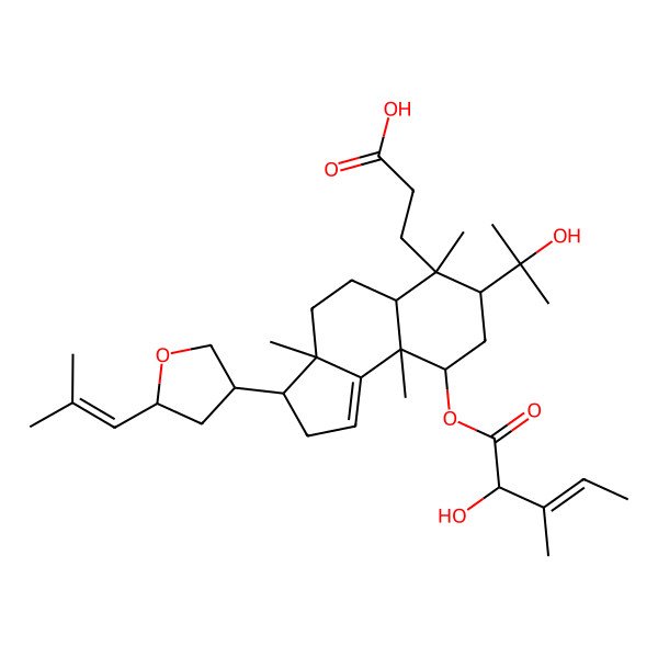 2D Structure of 3-[(3S,3aS,5aR,6S,7R,9R,9aR)-9-[(E,2R)-2-hydroxy-3-methylpent-3-enoyl]oxy-7-(2-hydroxypropan-2-yl)-3a,6,9a-trimethyl-3-[(3S,5S)-5-(2-methylprop-1-enyl)oxolan-3-yl]-2,3,4,5,5a,7,8,9-octahydrocyclopenta[a]naphthalen-6-yl]propanoic acid