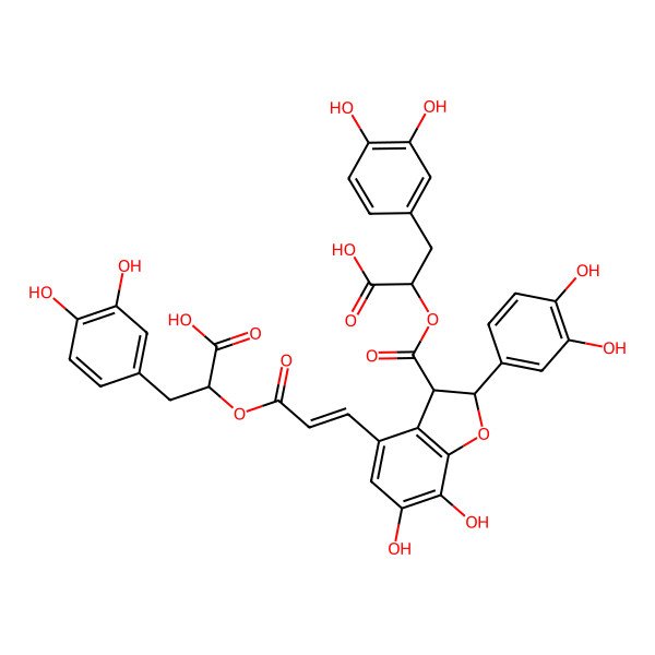 2D Structure of 2-[3-[3-[1-Carboxy-2-(3,4-dihydroxyphenyl)ethoxy]carbonyl-2-(3,4-dihydroxyphenyl)-6,7-dihydroxy-2,3-dihydro-1-benzofuran-4-yl]prop-2-enoyloxy]-3-(3,4-dihydroxyphenyl)propanoic acid
