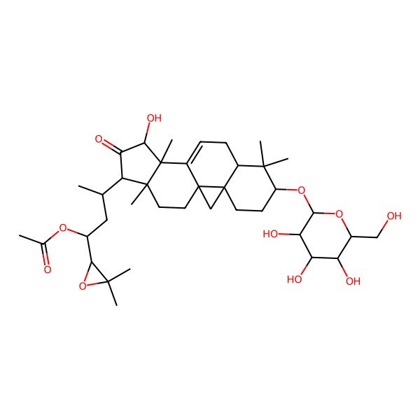 2D Structure of [(1R,3R)-1-[(2S)-3,3-dimethyloxiran-2-yl]-3-[(1R,3R,6S,8R,12R,13R,15R,16R)-13-hydroxy-7,7,12,16-tetramethyl-14-oxo-6-[(2R,3R,4S,5R,6R)-3,4,5-trihydroxy-6-(hydroxymethyl)oxan-2-yl]oxy-15-pentacyclo[9.7.0.01,3.03,8.012,16]octadec-10-enyl]butyl] acetate