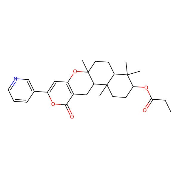 2D Structure of (2,6,6,10-Tetramethyl-16-oxo-14-pyridin-3-yl-11,15-dioxatetracyclo[8.8.0.02,7.012,17]octadeca-12(17),13-dien-5-yl) propanoate
