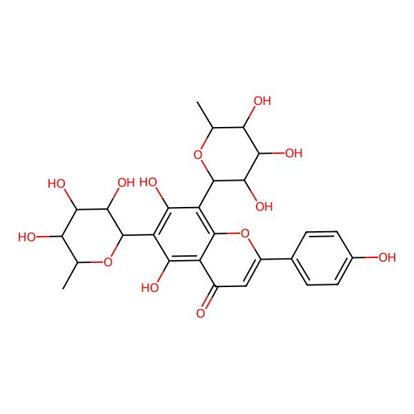 2D Structure of 5,7-dihydroxy-2-(4-hydroxyphenyl)-6-[(2S,3R,4R,5R,6S)-3,4,5-trihydroxy-6-methyloxan-2-yl]-8-[(2S,3S,4R,5R,6S)-3,4,5-trihydroxy-6-methyloxan-2-yl]chromen-4-one