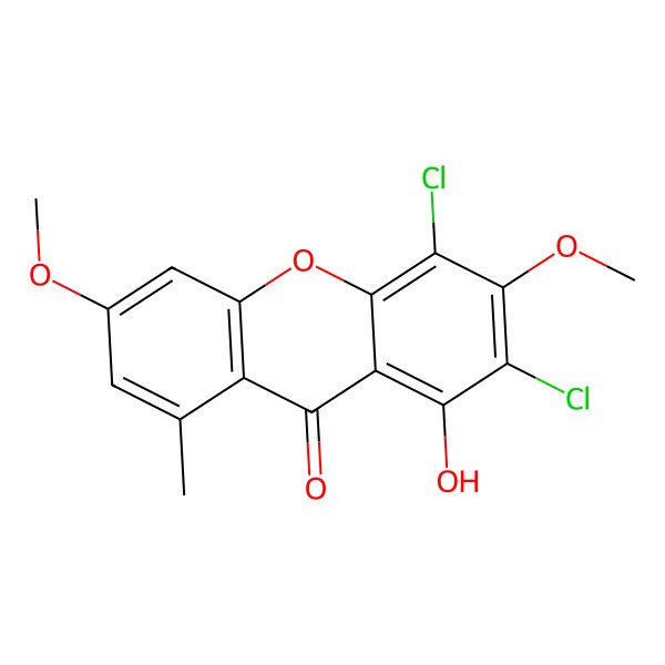 2D Structure of 2,4-Dichloro-1-hydroxy-3,6-dimethoxy-8-methyl-9H-xanthen-9-one