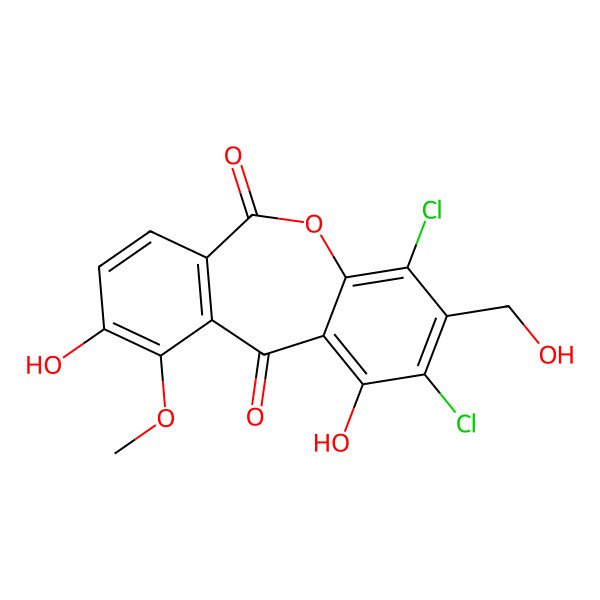 2D Structure of 2,4-Dichloro-1,9-dihydroxy-3-(hydroxymethyl)-10-methoxydibenzo[b,e]oxepine-6,11-dione