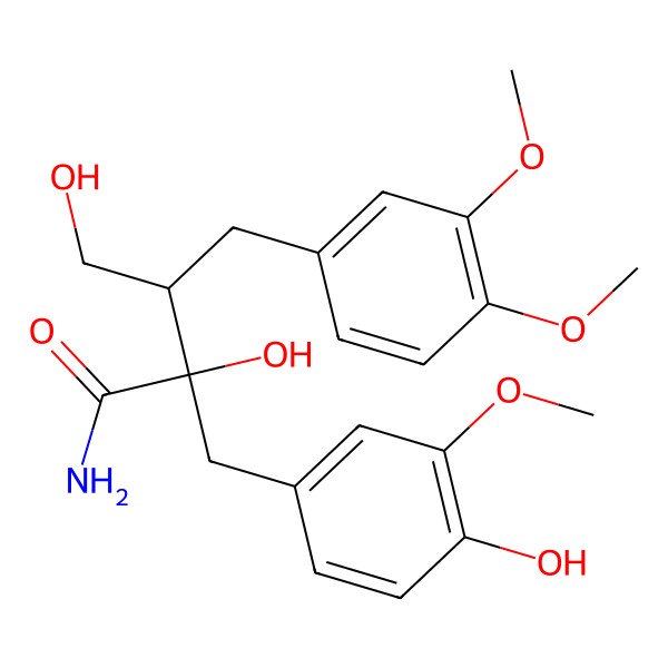 2D Structure of 2,4-Dihydroxy-2-(4-hydroxy-3-methoxybenzyl)-3-(3,4-dimethoxybenzyl)butyramide 2D Structure of 2,4-Dihydroxy-2-(4-hydroxy-3-methoxybenzyl)-3-(3,4-dimethoxybenzyl)butyramide