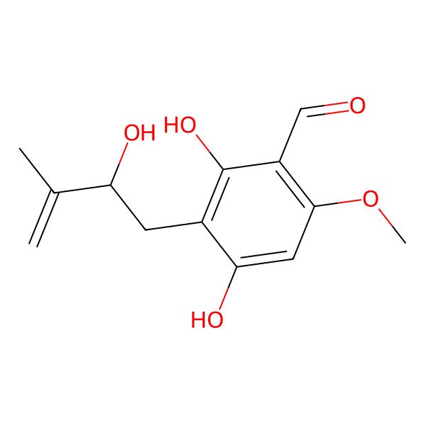 2D Structure of 2,4-dihydroxy-3-[(2R)-2-hydroxy-3-methylbut-3-enyl]-6-methoxybenzaldehyde