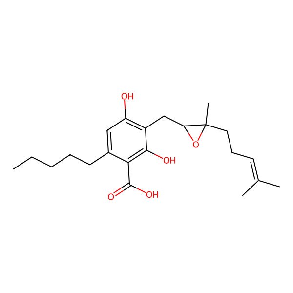 2D Structure of 2,4-Dihydroxy-3-[[3-methyl-3-(4-methylpent-3-enyl)oxiran-2-yl]methyl]-6-pentylbenzoic acid