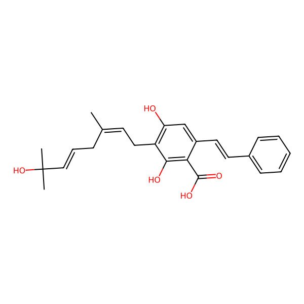 2D Structure of 2,4-Dihydroxy-3-(7-hydroxy-3,7-dimethylocta-2,5-dienyl)-6-(2-phenylethenyl)benzoic acid 2D Structure of 2,4-Dihydroxy-3-(7-hydroxy-3,7-dimethylocta-2,5-dienyl)-6-(2-phenylethenyl)benzoic acid
