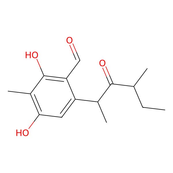 2D Structure of 2,4-dihydroxy-3-methyl-6-[(2R,4R)-4-methyl-3-oxohexan-2-yl]benzaldehyde