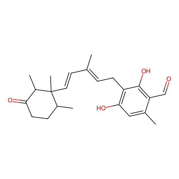 2D Structure of 2,4-Dihydroxy-6-methyl-3-[3-methyl-5-(1,2,6-trimethyl-3-oxocyclohexyl)penta-2,4-dienyl]benzaldehyde