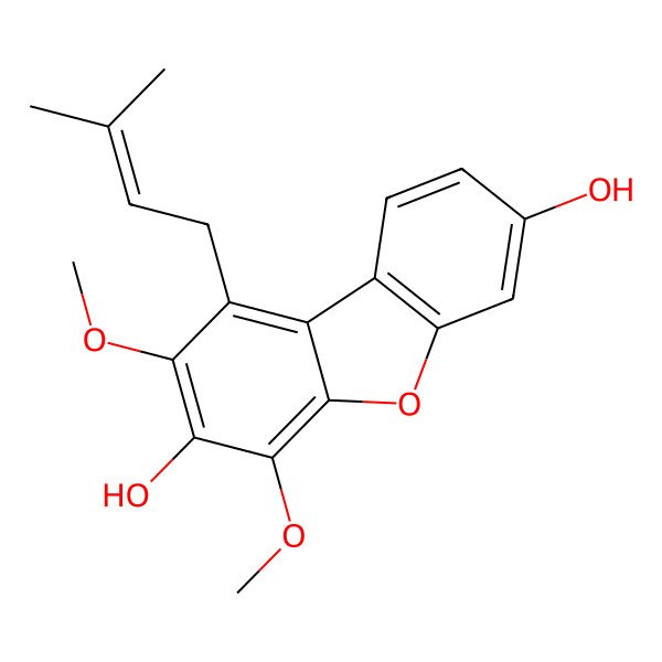 2D Structure of 2,4-Dimethoxy-1-(3-methylbut-2-enyl)dibenzofuran-3,7-diol