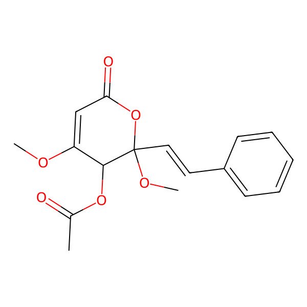 2D Structure of [2,4-dimethoxy-6-oxo-2-(2-phenylethenyl)-3H-pyran-3-yl] acetate
