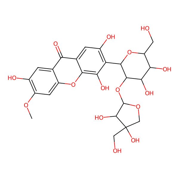 2D Structure of 3-[(2S,3R,4S,5S,6R)-3-[(2S,3R,4R)-3,4-dihydroxy-4-(hydroxymethyl)oxolan-2-yl]oxy-4,5-dihydroxy-6-(hydroxymethyl)oxan-2-yl]-2,4,7-trihydroxy-6-methoxyxanthen-9-one