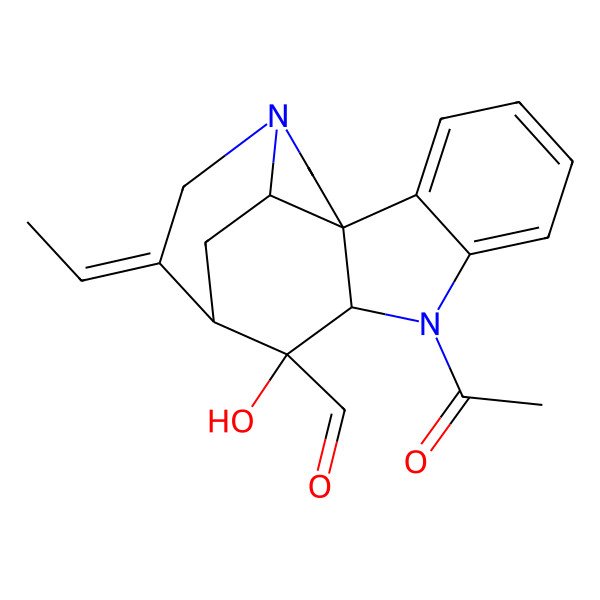 2D Structure of 8-Acetyl-12-ethylidene-10-hydroxy-8,14-diazapentacyclo[9.5.2.01,9.02,7.014,17]octadeca-2,4,6-triene-10-carbaldehyde
