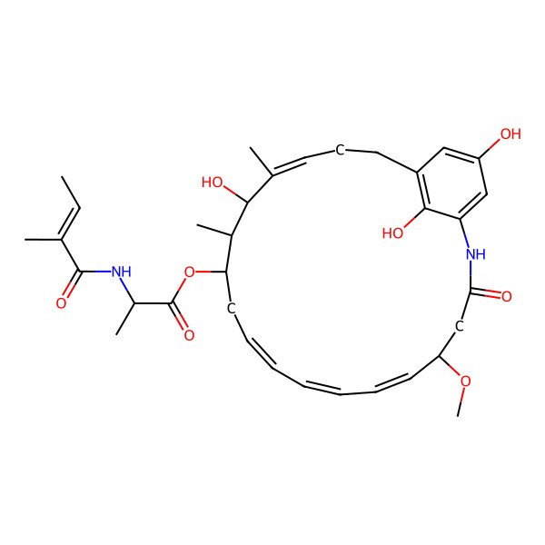 2D Structure of [(5R,6E,8E,10Z,13S,14S,15R,16E)-15,22,24-trihydroxy-5-methoxy-14,16-dimethyl-3-oxo-2-azabicyclo[18.3.1]tetracosa-1(23),6,8,10,16,20(24),21-heptaen-13-yl] (2R)-2-[[(E)-2-methylbut-2-enoyl]amino]propanoate