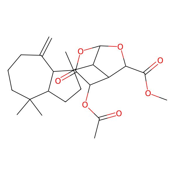 2D Structure of methyl (1S,4S,5R,6R,8R)-8-[(1R,3aR,8aS)-1,4,4-trimethyl-8-methylidene-3,3a,5,6,7,8a-hexahydro-2H-azulen-1-yl]-4-acetyloxy-3-oxo-2,7-dioxabicyclo[3.2.1]octane-6-carboxylate