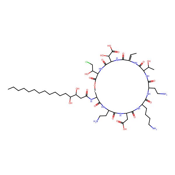 2D Structure of 2-[18-(4-Aminobutyl)-15,24-bis(2-aminoethyl)-21-(carboxymethyl)-3-(2-chloro-1-hydroxyethyl)-27-(3,4-dihydroxyhexadecanoylamino)-9-ethylidene-12-(1-hydroxyethyl)-2,5,8,11,14,17,20,23,26-nonaoxo-1-oxa-4,7,10,13,16,19,22,25-octazacyclooctacos-6-yl]-2-hydroxyacetic acid
