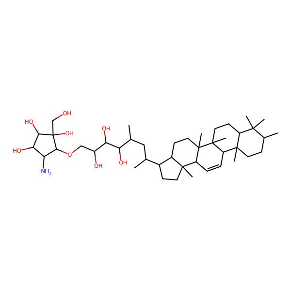 2D Structure of 5-[7-[(3R,5aR,5bR,9S,11aS,13bS)-5a,5b,8,8,9,11a,13b-heptamethyl-1,2,3,3a,4,5,6,7,7a,9,10,11,11b,13a-tetradecahydrocyclopenta[a]chrysen-3-yl]-2,3,4-trihydroxy-5-methyloctoxy]-4-amino-1-(hydroxymethyl)cyclopentane-1,2,3-triol