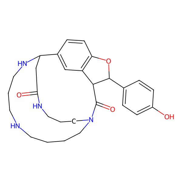 2D Structure of 21-Hydroxy-3-(4-hydroxyphenyl)-3,3a,6,7,8,9,10,11,12,13,14,15-dodecahydro-4H-1,16-etheno-5,15-(propanoazenoethanylylidene)furo[3,4-l][1,5,10]triazacyclohexadecin-4-one