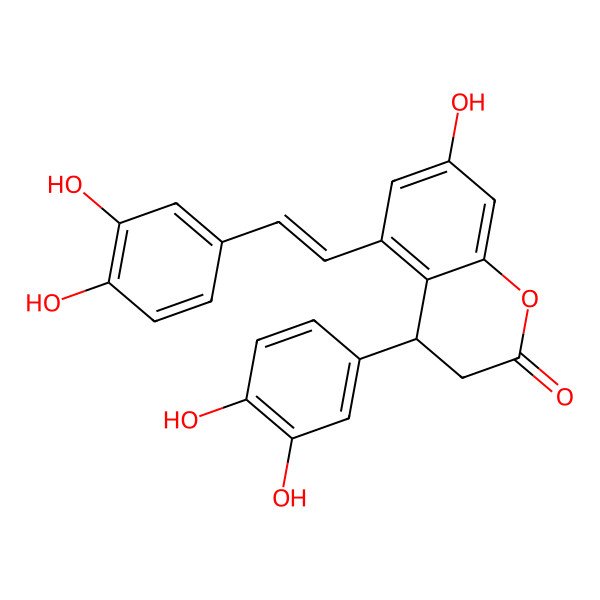 2D Structure of (4R)-4-(3,4-dihydroxyphenyl)-5-[(E)-2-(3,4-dihydroxyphenyl)ethenyl]-7-hydroxy-3,4-dihydrochromen-2-one