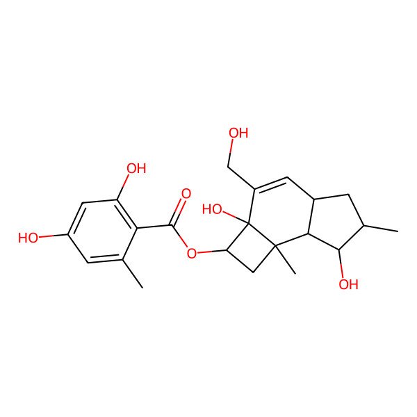 2D Structure of [(2R,2aS,4aS,6R,7S,7aS,7bR)-2a,7-dihydroxy-3-(hydroxymethyl)-6,7b-dimethyl-2,4a,5,6,7,7a-hexahydro-1H-cyclobuta[e]inden-2-yl] 2,4-dihydroxy-6-methylbenzoate