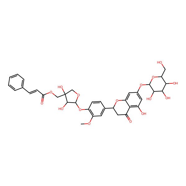 2D Structure of [(3S,4R,5S)-3,4-dihydroxy-5-[4-[(2S)-5-hydroxy-4-oxo-7-[(2S,3R,4S,5S,6R)-3,4,5-trihydroxy-6-(hydroxymethyl)oxan-2-yl]oxy-2,3-dihydrochromen-2-yl]-2-methoxyphenoxy]oxolan-3-yl]methyl (E)-3-phenylprop-2-enoate