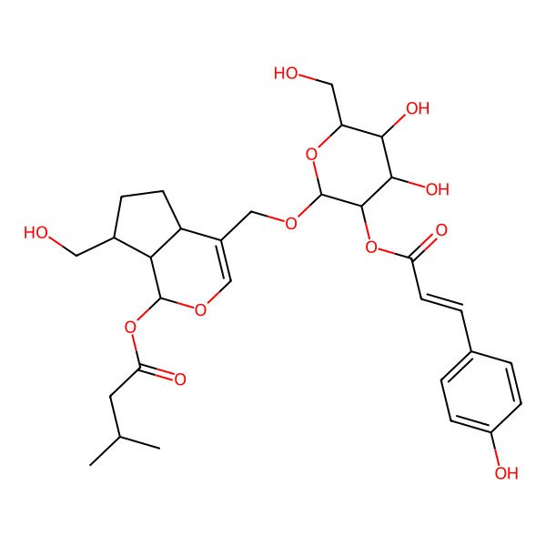2D Structure of [4-[[4,5-Dihydroxy-6-(hydroxymethyl)-3-[3-(4-hydroxyphenyl)prop-2-enoyloxy]oxan-2-yl]oxymethyl]-7-(hydroxymethyl)-1,4a,5,6,7,7a-hexahydrocyclopenta[c]pyran-1-yl] 3-methylbutanoate