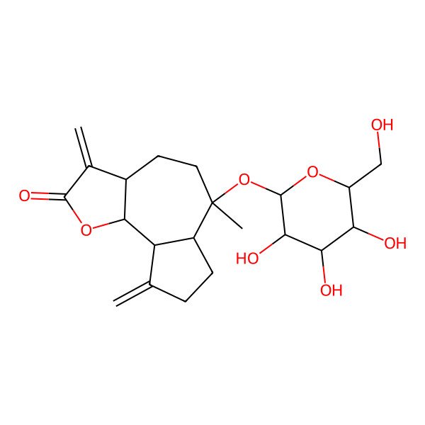 2D Structure of 6-Methyl-3,9-dimethylidene-6-[3,4,5-trihydroxy-6-(hydroxymethyl)oxan-2-yl]oxy-3a,4,5,6a,7,8,9a,9b-octahydroazuleno[4,5-b]furan-2-one