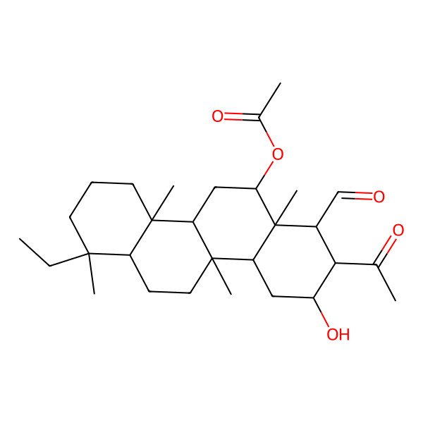 2D Structure of [(1S,4aS,6R,6aS,7S,9S,10bR)-8-acetyl-1-ethyl-7-formyl-9-hydroxy-1,4a,6a,10b-tetramethyl-2,3,4,4b,5,6,7,8,9,10,10a,11,12,12a-tetradecahydrochrysen-6-yl] acetate