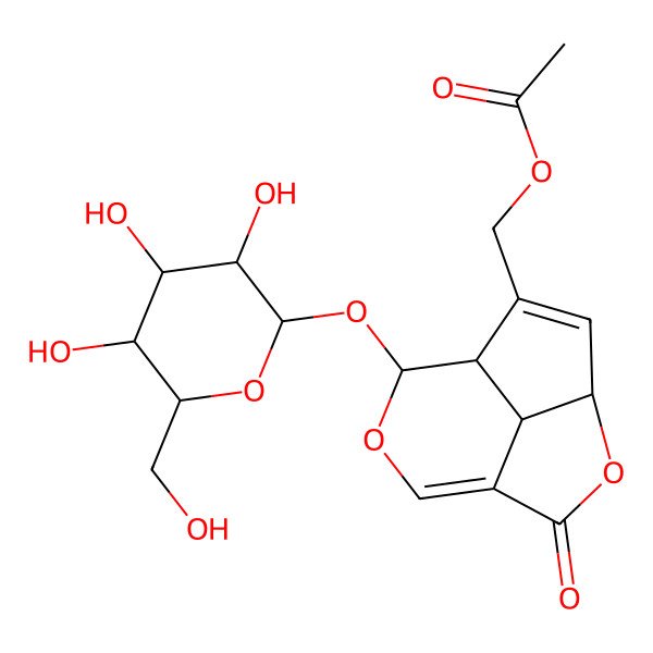 2D Structure of [(4S,7S,8S,11S)-2-oxo-8-[(2S,3S,4R,5R,6S)-3,4,5-trihydroxy-6-(hydroxymethyl)oxan-2-yl]oxy-3,9-dioxatricyclo[5.3.1.04,11]undeca-1(10),5-dien-6-yl]methyl acetate