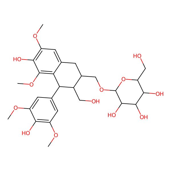 2D Structure of (2R,3R,4S,5S,6R)-2-[[(2R,3R,4S)-6-hydroxy-4-(4-hydroxy-3,5-dimethoxyphenyl)-3-(hydroxymethyl)-5,7-dimethoxy-1,2,3,4-tetrahydronaphthalen-2-yl]methoxy]-6-(hydroxymethyl)oxane-3,4,5-triol