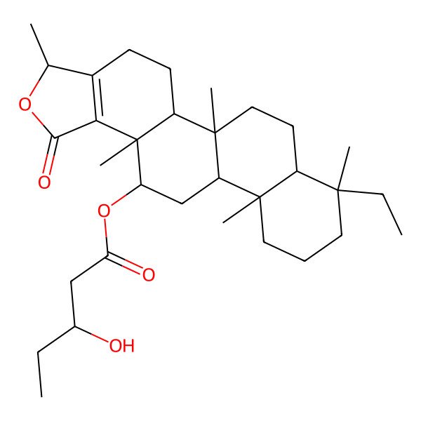2D Structure of [(3S,5aS,5bR,7aS,8S,11aS,11bR,13S,13aS)-8-ethyl-3,5b,8,11a,13a-pentamethyl-1-oxo-4,5,5a,6,7,7a,9,10,11,11b,12,13-dodecahydro-3H-phenanthro[2,1-e][2]benzofuran-13-yl] (3S)-3-hydroxypentanoate