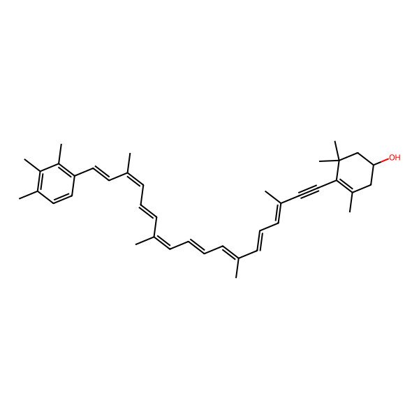 2D Structure of (1R)-3,5,5-trimethyl-4-[(3E,5E,7E,9E,11E,13E,15E,17E)-3,7,12,16-tetramethyl-18-(2,3,4-trimethylphenyl)octadeca-3,5,7,9,11,13,15,17-octaen-1-ynyl]cyclohex-3-en-1-ol