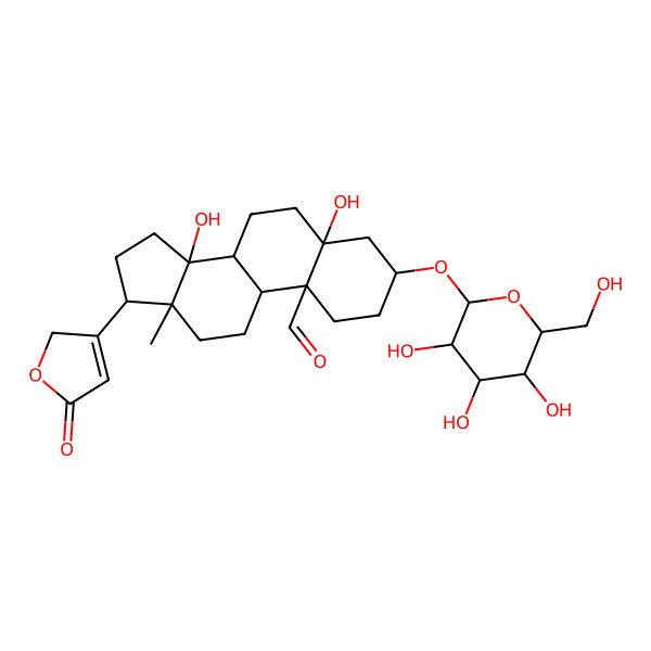 2D Structure of 5,14-dihydroxy-13-methyl-17-(5-oxo-2H-furan-3-yl)-3-[3,4,5-trihydroxy-6-(hydroxymethyl)oxan-2-yl]oxy-2,3,4,6,7,8,9,11,12,15,16,17-dodecahydro-1H-cyclopenta[a]phenanthrene-10-carbaldehyde