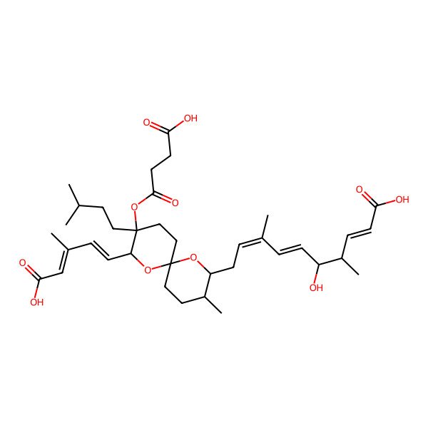 2D Structure of (2E,4R,5R,6E,8E)-10-[(2R,3S,6R,8S,9R)-2-[(1E,3E)-4-carboxy-3-methylbuta-1,3-dienyl]-3-(3-carboxypropanoyloxy)-9-methyl-3-(3-methylbutyl)-1,7-dioxaspiro[5.5]undecan-8-yl]-5-hydroxy-4,8-dimethyldeca-2,6,8-trienoic acid