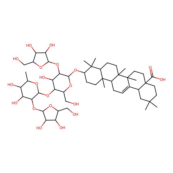 2D Structure of 10-[3-[3,4-Dihydroxy-5-(hydroxymethyl)oxolan-2-yl]oxy-5-[3-[3,4-dihydroxy-5-(hydroxymethyl)oxolan-2-yl]oxy-4,5-dihydroxy-6-methyloxan-2-yl]oxy-4-hydroxy-6-(hydroxymethyl)oxan-2-yl]oxy-2,2,6a,6b,9,9,12a-heptamethyl-1,3,4,5,6,6a,7,8,8a,10,11,12,13,14b-tetradecahydropicene-4a-carboxylic acid