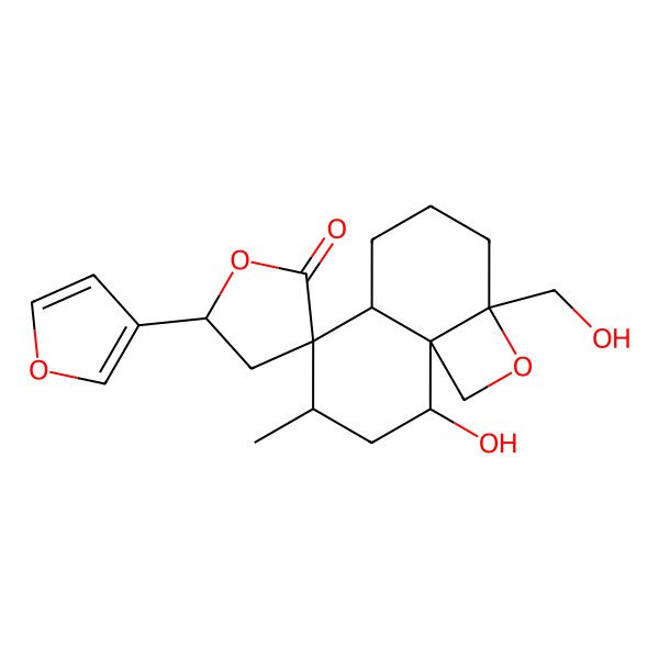 2D Structure of (2aS,5'S,5aS,6R,7R,9R,9aR)-5'-(furan-3-yl)-9-hydroxy-2a-(hydroxymethyl)-7-methylspiro[1,3,4,5,5a,7,8,9-octahydronaphtho[1,8a-b]oxete-6,3'-oxolane]-2'-one