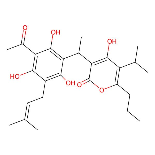 2D Structure of 3-[1-[3-Acetyl-2,4,6-trihydroxy-5-(3-methylbut-2-enyl)phenyl]ethyl]-4-hydroxy-5-propan-2-yl-6-propylpyran-2-one
