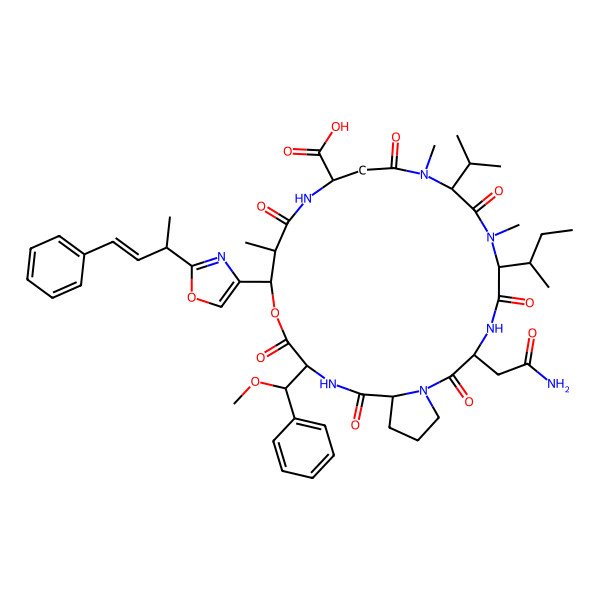 2D Structure of (3S,6S,9R,13R,16R,17R,20S,23S)-3-(2-amino-2-oxoethyl)-6-[(2S)-butan-2-yl]-20-[(R)-methoxy(phenyl)methyl]-7,10,16-trimethyl-2,5,8,11,15,19,22-heptaoxo-17-[2-[(E,2S)-4-phenylbut-3-en-2-yl]-1,3-oxazol-4-yl]-9-propan-2-yl-18-oxa-1,4,7,10,14,21-hexazabicyclo[21.3.0]hexacosane-13-carboxylic acid
