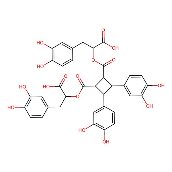 2D Structure of (2S)-2-[(1R,2R,3R,4R)-2-[(1S)-1-carboxy-2-(3,4-dihydroxyphenyl)ethoxy]carbonyl-3,4-bis(3,4-dihydroxyphenyl)cyclobutanecarbonyl]oxy-3-(3,4-dihydroxyphenyl)propanoic acid