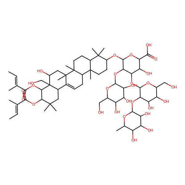 2D Structure of (2S,3S,4S,5R,6R)-6-[[(3S,4aR,6aR,6bS,8R,8aR,9R,10R,12aS,14aR,14bR)-8-hydroxy-8a-(hydroxymethyl)-4,4,6a,6b,11,11,14b-heptamethyl-9,10-bis[[(E)-2-methylbut-2-enoyl]oxy]-1,2,3,4a,5,6,7,8,9,10,12,12a,14,14a-tetradecahydropicen-3-yl]oxy]-4-[(2S,3R,4S,5R,6R)-4,5-dihydroxy-6-(hydroxymethyl)-3-[(2S,3R,4R,5R,6S)-3,4,5-trihydroxy-6-methyloxan-2-yl]oxyoxan-2-yl]oxy-3-hydroxy-5-[(2S,3R,4S,5R,6R)-3,4,5-trihydroxy-6-(hydroxymethyl)oxan-2-yl]oxyoxane-2-carboxylic acid