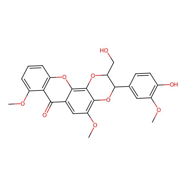 2D Structure of (2S,3R)-3-(4-hydroxy-3-methoxyphenyl)-2-(hydroxymethyl)-5,8-dimethoxy-2,3-dihydro-[1,4]dioxino[2,3-c]xanthen-7-one